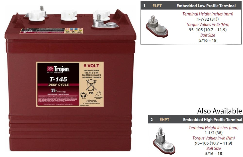 Trojan T145, GC2H, 6V 260AH Flooded Deep Cycle Golf Cart / Scrubber Battery