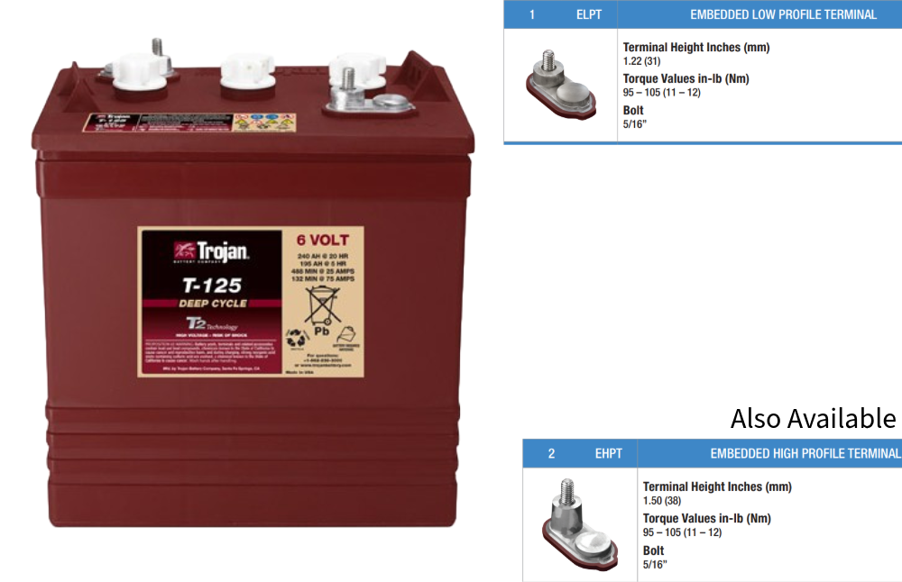 Trojan T125, 6V 240AH Flooded Deep Cycle Golf Cart / Scrubber Battery