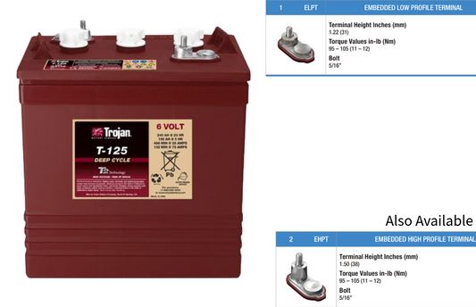 Trojan T125, 6V 240AH Flooded Deep Cycle Golf Cart / Scrubber Battery